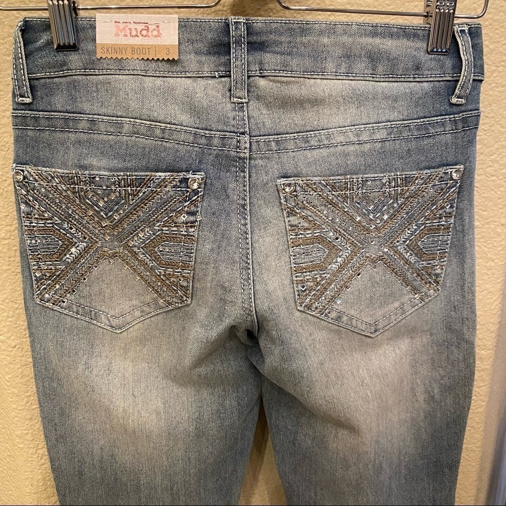 NWT~MUDD Light Blue Embellished Bling Skinny Boot Low Rise Jeans Size 3 - Picture 2 of 10
